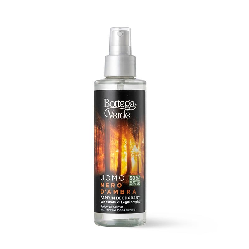 Bottega Verde Parfum Deodorant Uomo Nero D'Ambra in flacone spray con decoro boschivo.
