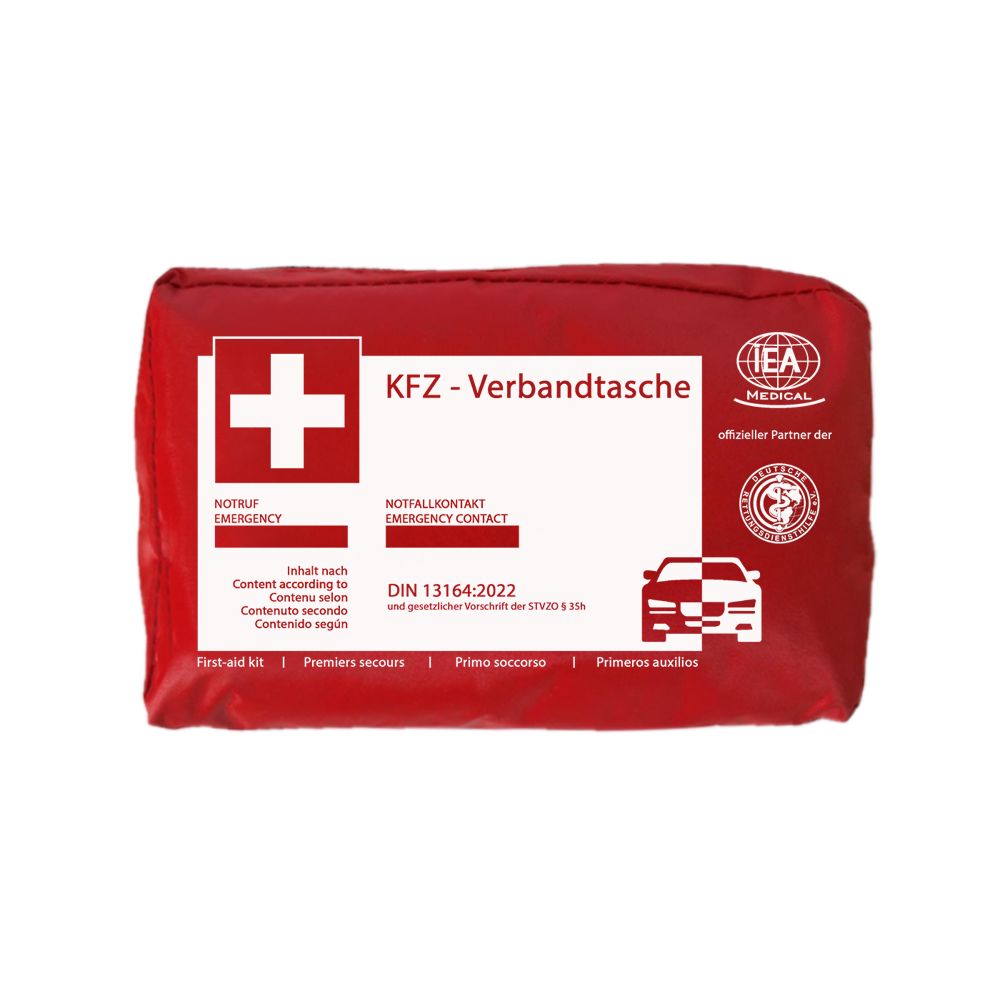 Borsa di pronto soccorso rossa per auto con croce bianca, testo e logo. DIN 13164:2022. IEA Medical.