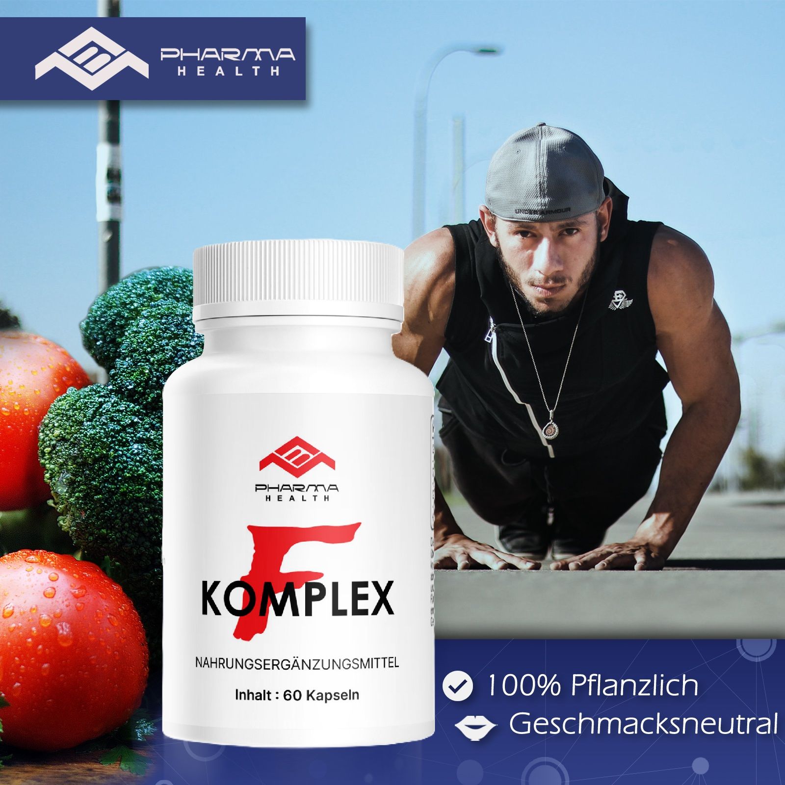 Flacone bianco "F Komplex" davanti ad atleta. Logo "Pharma Health". Testo: Integratore alimentare, Contenuto: 60 capsule. 100% vegetale, insapore.