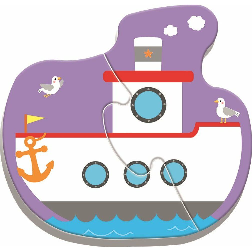 Puzzle a due pezzi con nave viola, ancora, gabbiani e stella sul fumaiolo. Su base di onde.