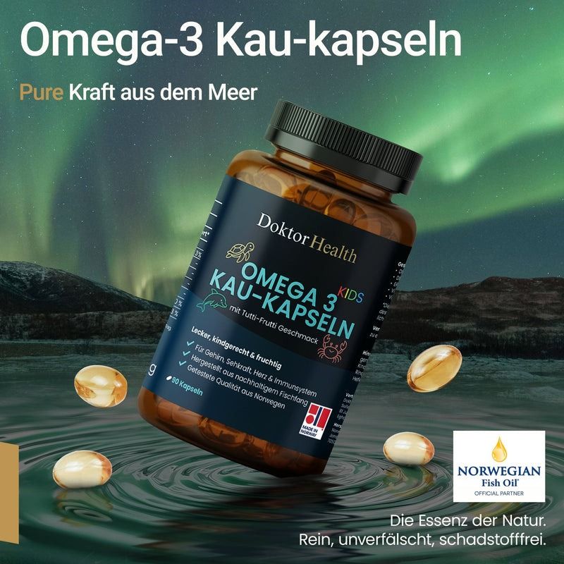 Flacone marrone di Omega-3 masticabili per bambini. Etichetta blu con informazioni. Capsule sparse. Logo: Norwegian Fish Oil.