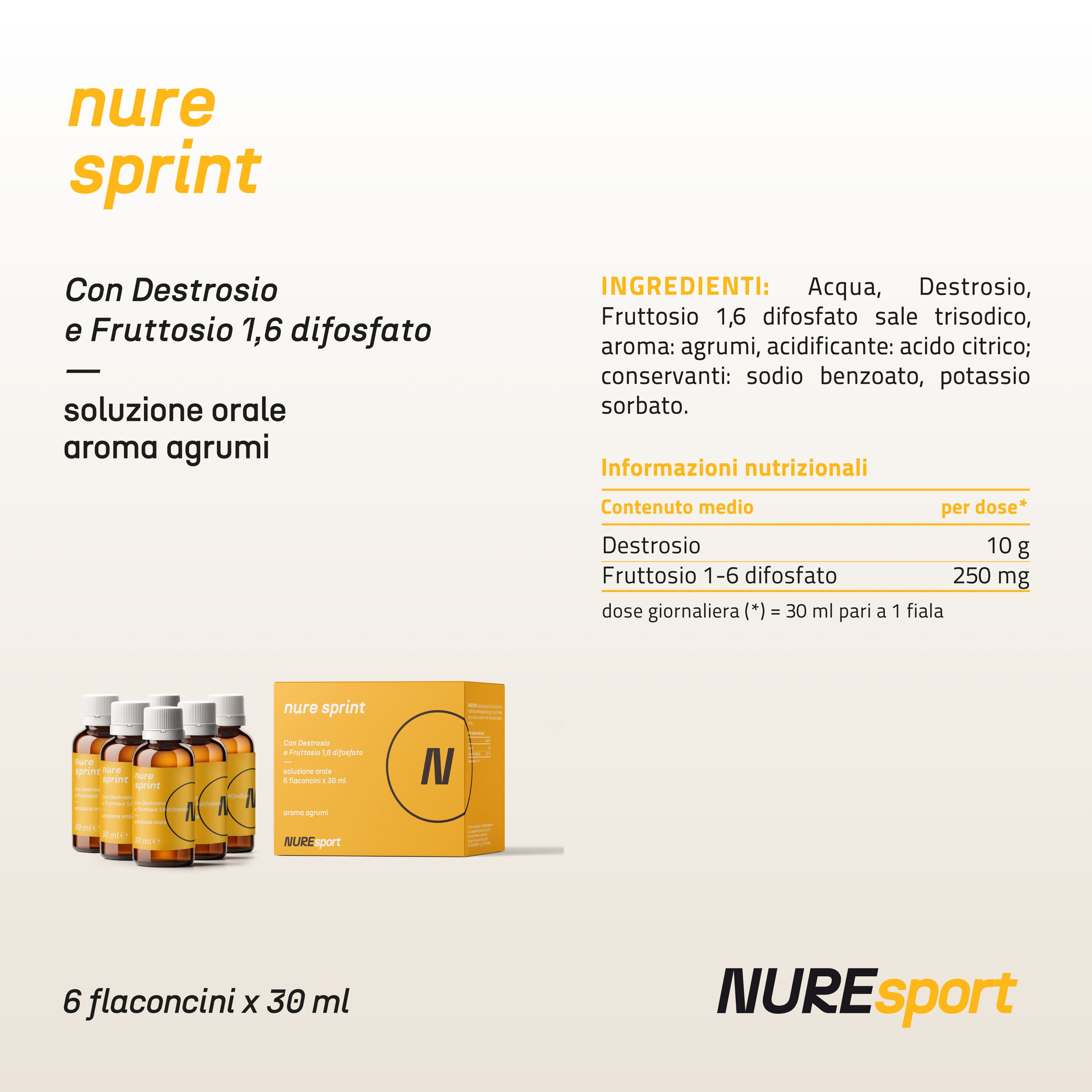 NURE Sprint Soluzione Orale - 6 Flaconcini da 30 ml | Integratore energia per lo sprint finale