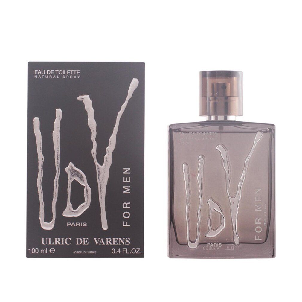 Ulric De Varens Men Eau De Toilette Spray. Flacone e scatola rettangolari. Confezione grigia con scritta bianca. Flacone con liquido marrone.