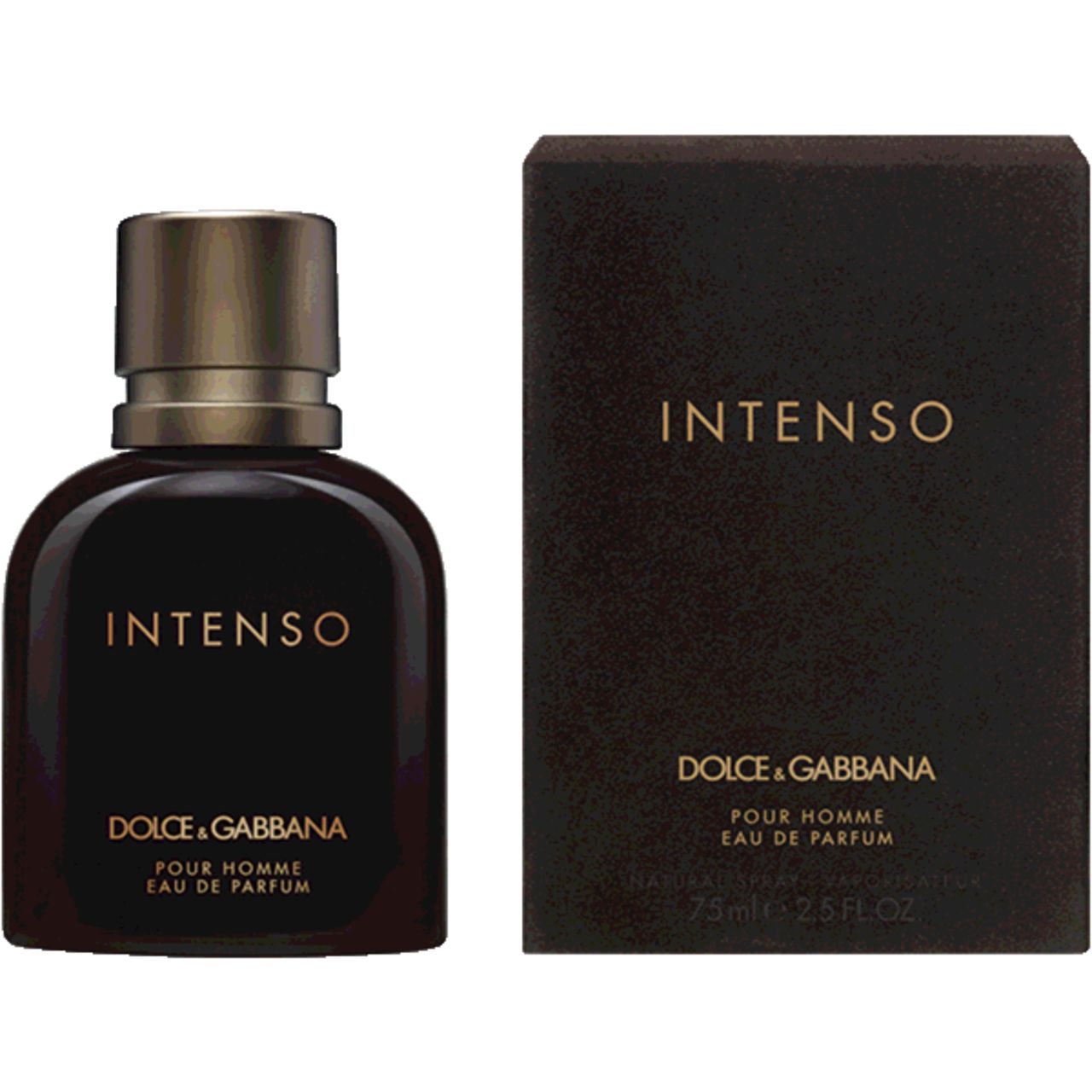 Flacone e confezione marrone scuro. Scritta INTENSO, Dolce & Gabbana, Pour Homme Eau de Parfum. 75ml 2.5 FL.OZ.
