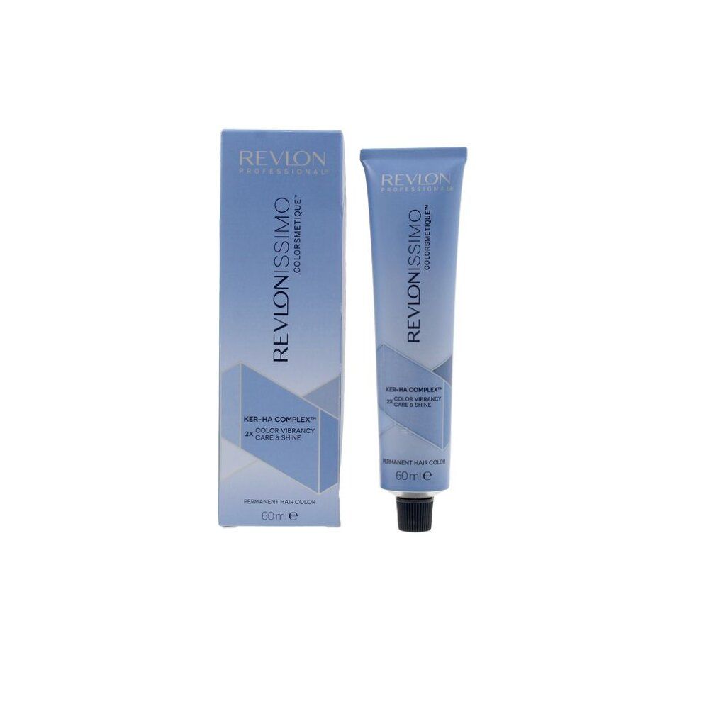 Confezione e tubo di colorazione per capelli. Testo: Revlonissimo Colorsmetique. 60ml. Ker-Ha Complex.
