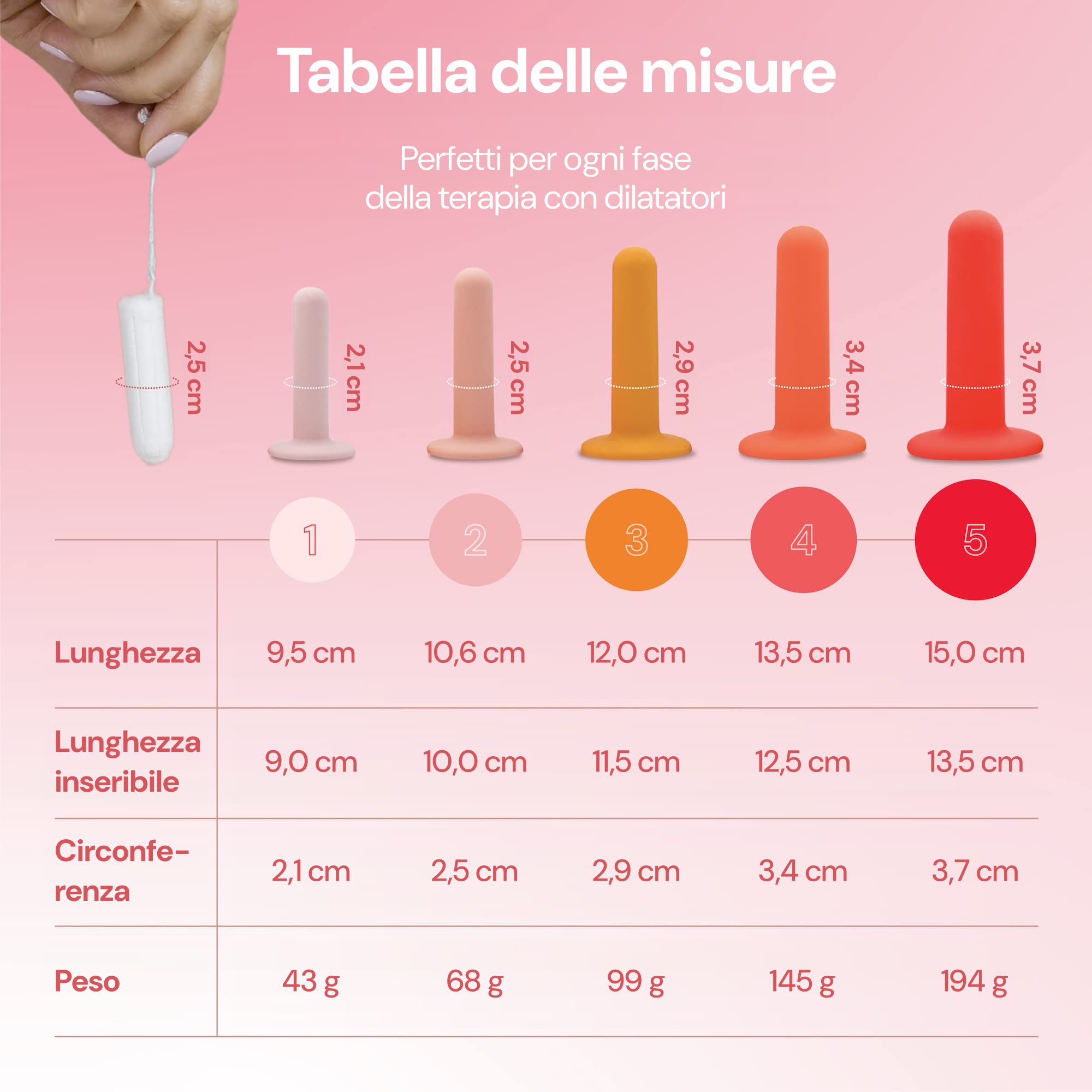 Tabella con cinque dilatatori, mostra lunghezze da 9,5 cm a 15 cm e altre misure. Titolo: 'Tabella delle misure'.