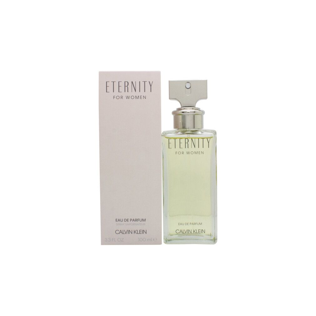 Flacone e confezione Eau de Parfum. Scritta: Eternity for Women, Calvin Klein. Flacone rettangolare con tappo argentato.