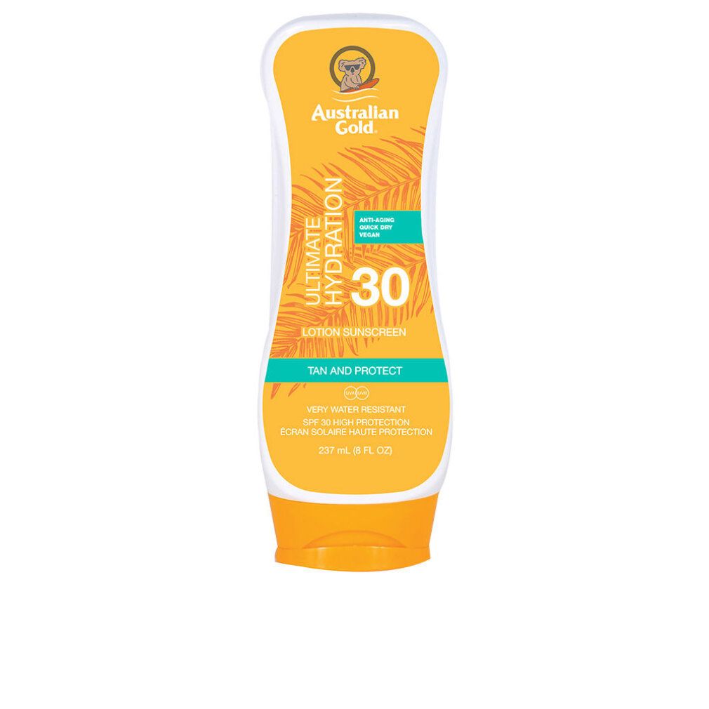 Lozione solare SPF 30. Flacone giallo con tappo bianco. Testo: Ultimate Hydration, Australian Gold, Tan and Protect.