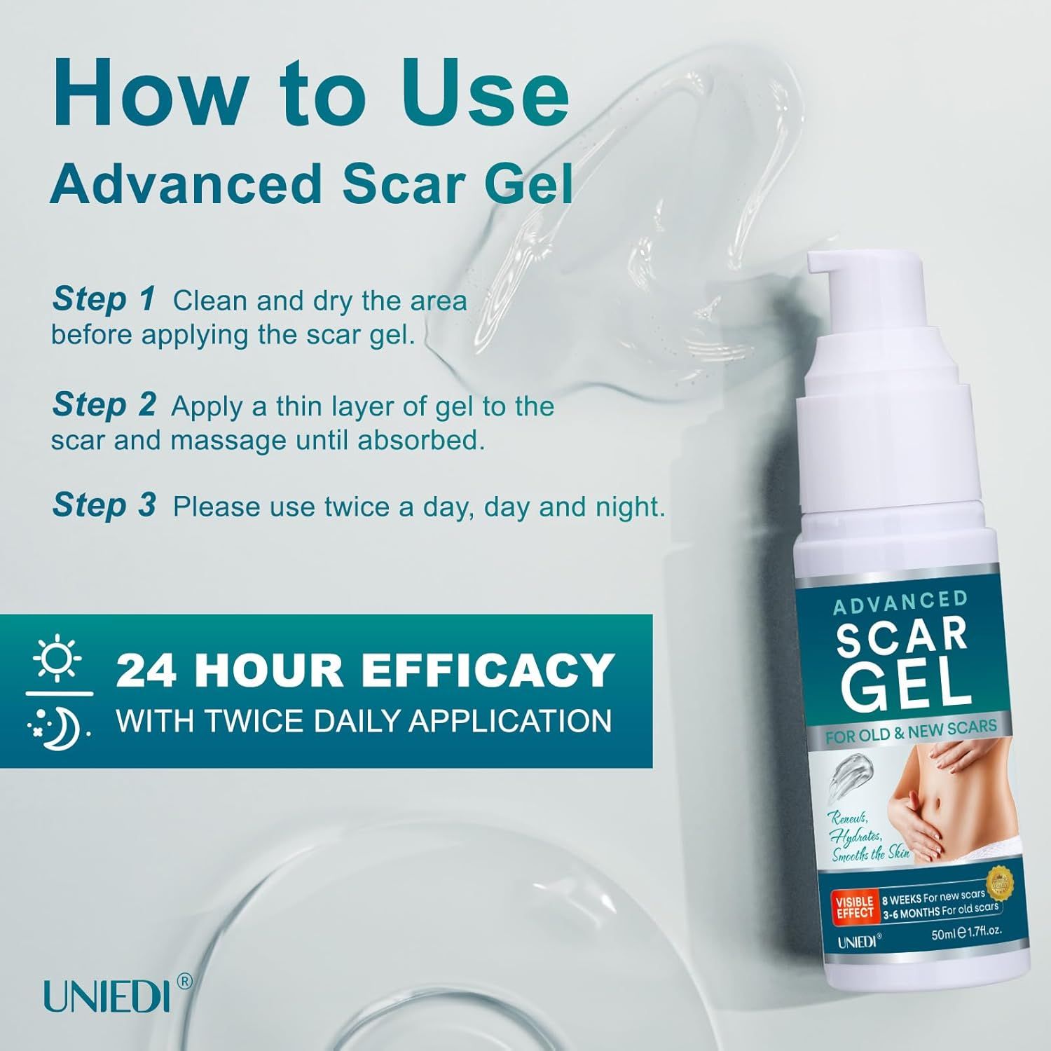 Utilizzo del gel. Fase 1: Pulire e asciugare. Fase 2: Applicare un sottile strato e massaggiare. Fase 3: Utilizzare due volte al giorno.