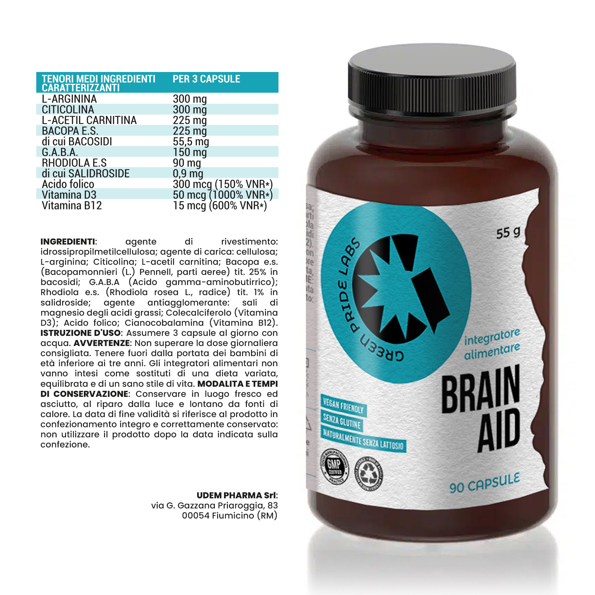 Flacone di pillole marrone con etichetta blu che indica "Brain Aid" e "90 Capsule".