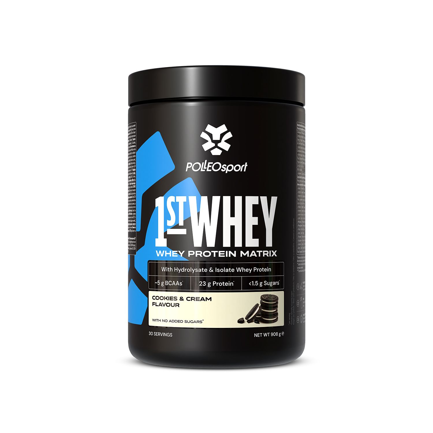 Barattolo nero con scritta "1ST:WHEY". Contiene 23g proteine, 5g BCAA e meno di 1,5g zuccheri. Gusto Cookies & Cream. 30 porzioni.