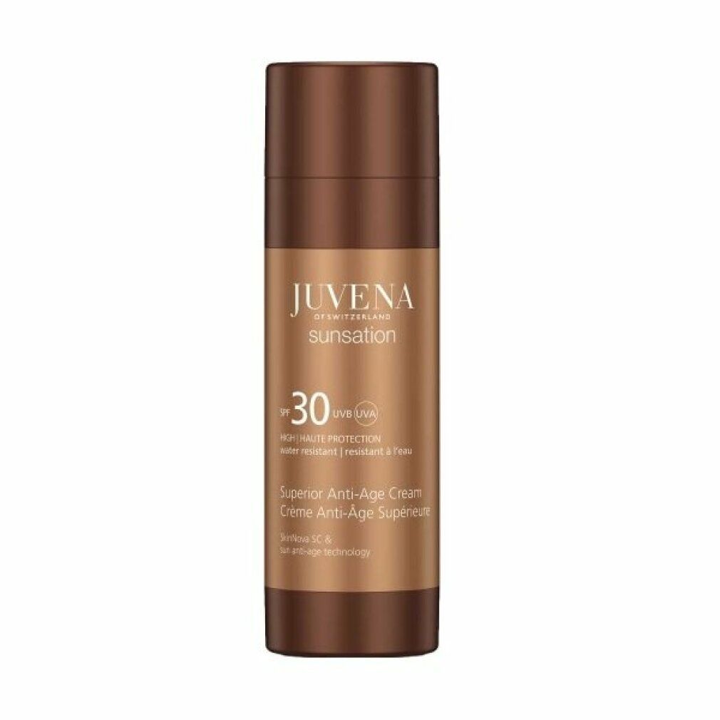 Flacone marrone. Scritta: Juvena Sunsation Superior Anti-Age Cream SPF30. Resistente all'acqua.