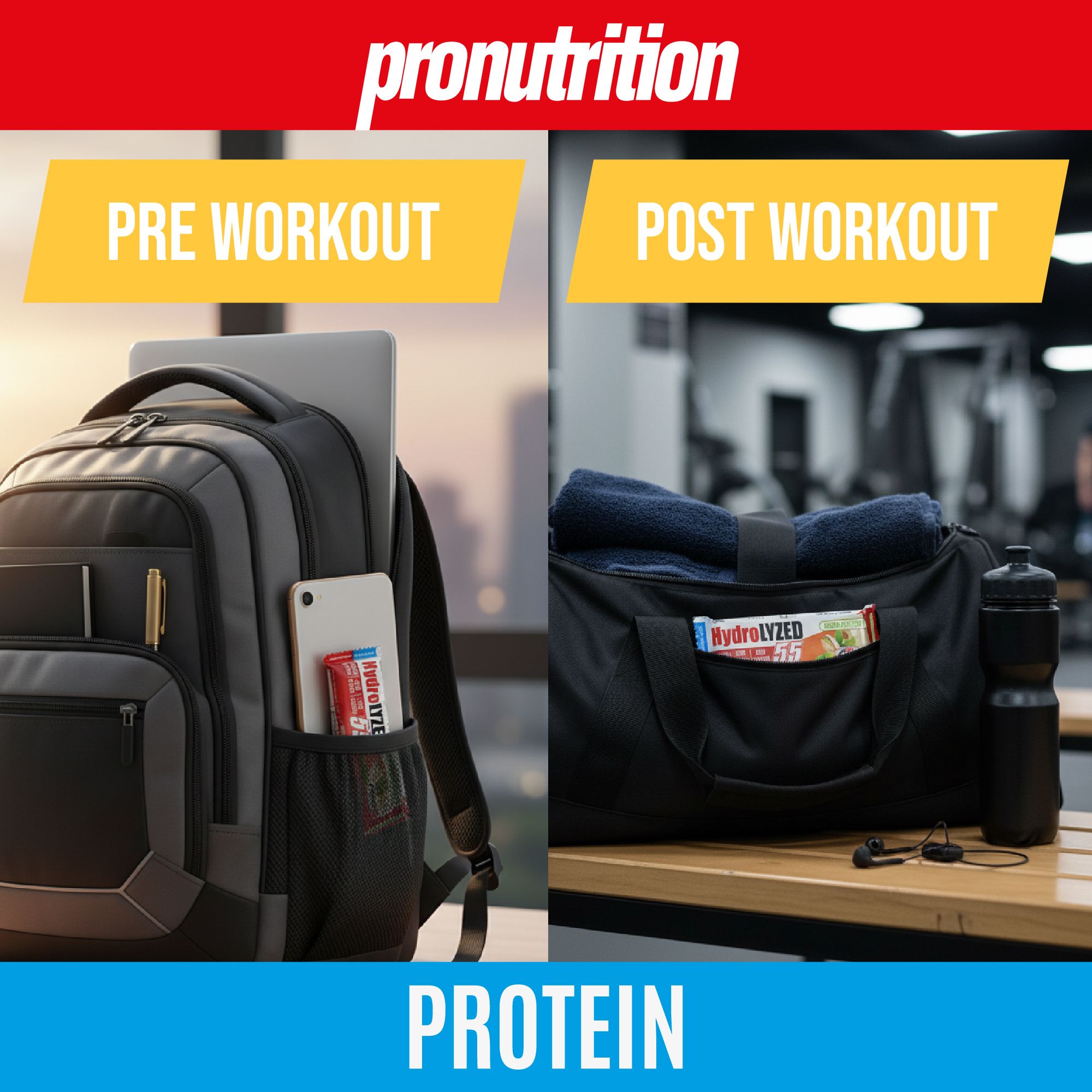 Due scene: zaino con barretta a sinistra, borsa sportiva con barretta a destra. Testo: PRE WORKOUT, POST WORKOUT.