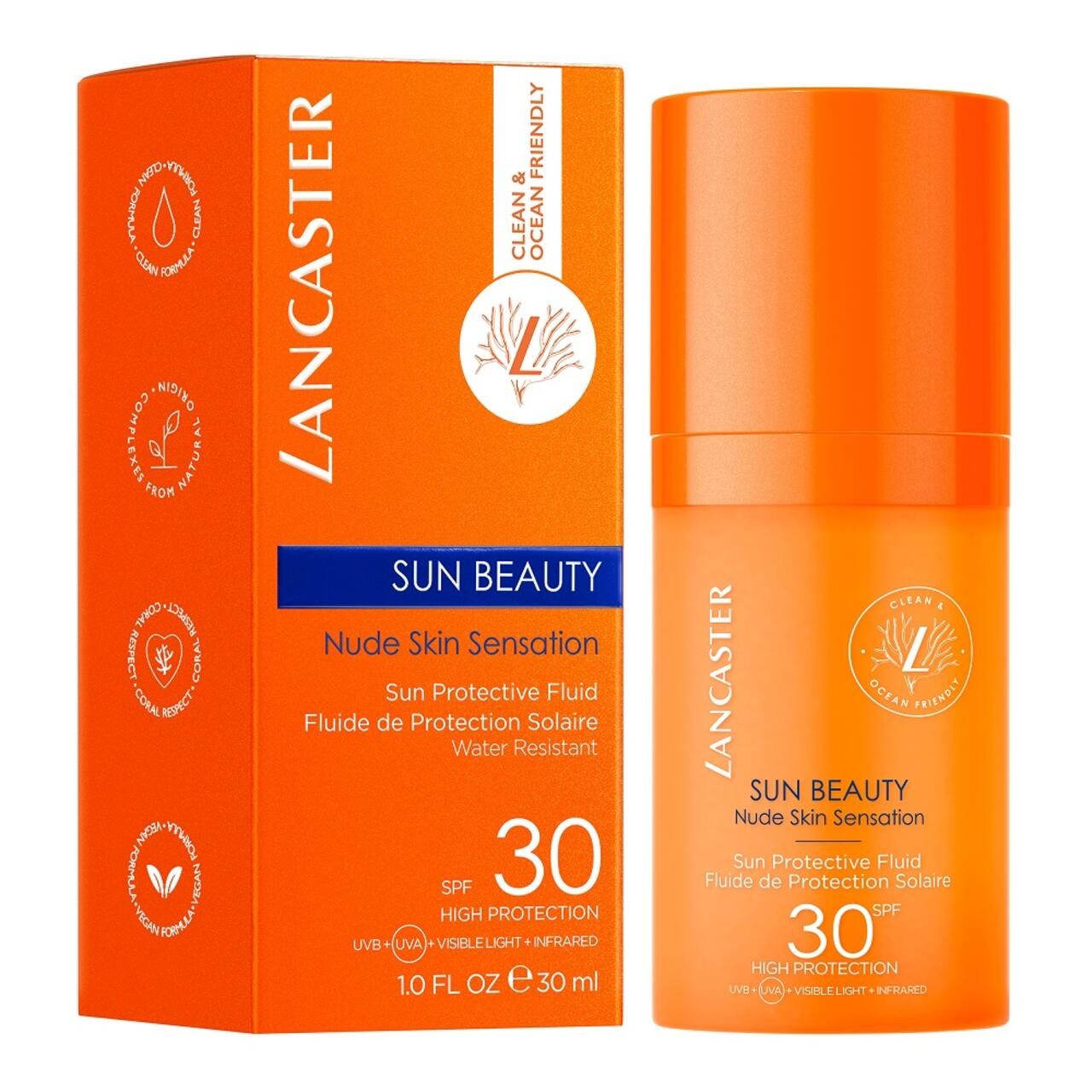 Flacone e confezione di crema solare. Scritta SUN BEAUTY, SPF 30, logo Lancaster e sigillo vegano.