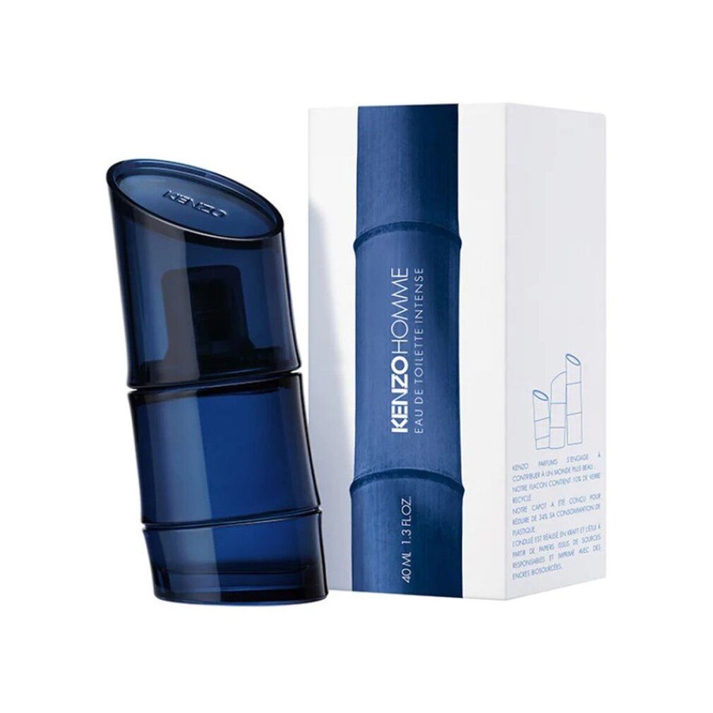 Flacone e confezione Kenzo Homme Intense Eau de Toilette. Flacone blu, scatola bianca con design a bambù blu.