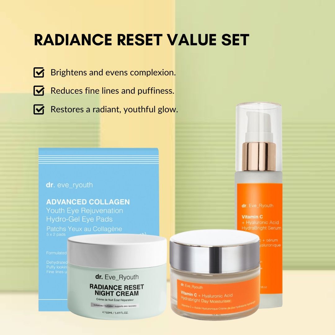 Set Dr. Eve_Ryouth. Crema notte, siero e patch occhi. Confezioni con testo. Contenitori arancioni e verdi.