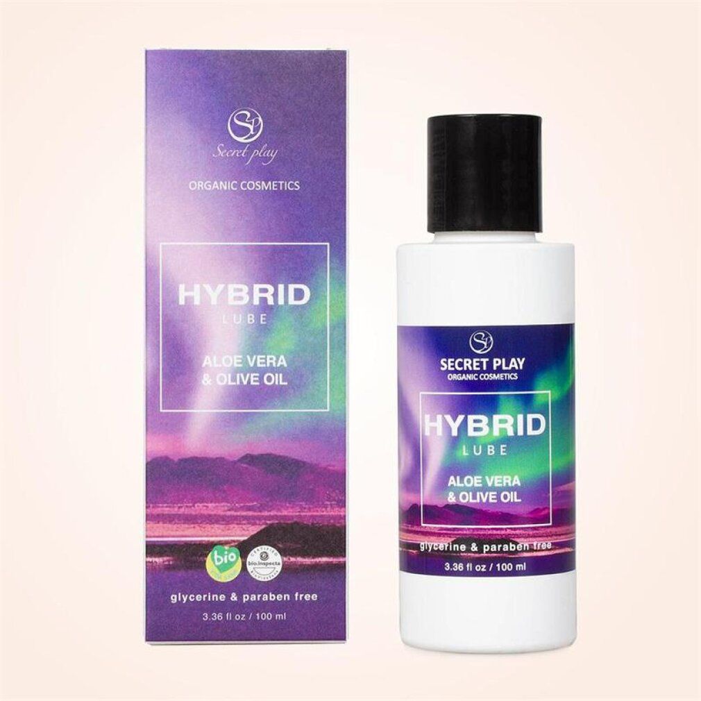 Flacone e scatola di Hybrid Lube, 100 ml, con aloe vera e olio d'oliva. Senza glicerina e parabeni.