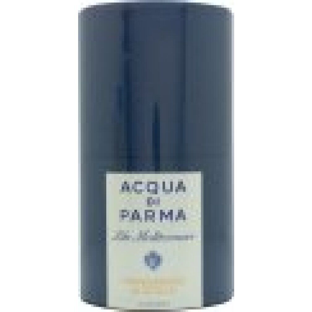 Confezione cilindrica blu. Scritta: ACQUA DI PARMA Blu Mediterraneo Mandarino di Sicilia.