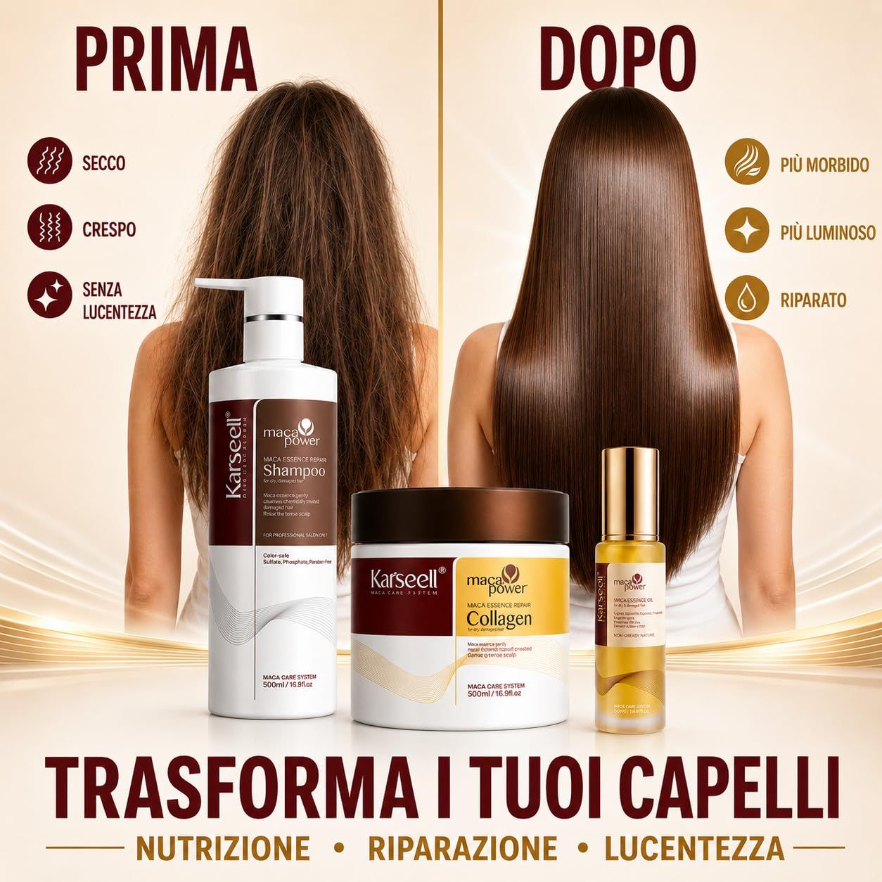 Confronto prima e dopo prodotti per capelli: capelli secchi e crespi diventano lisci e lucenti.
