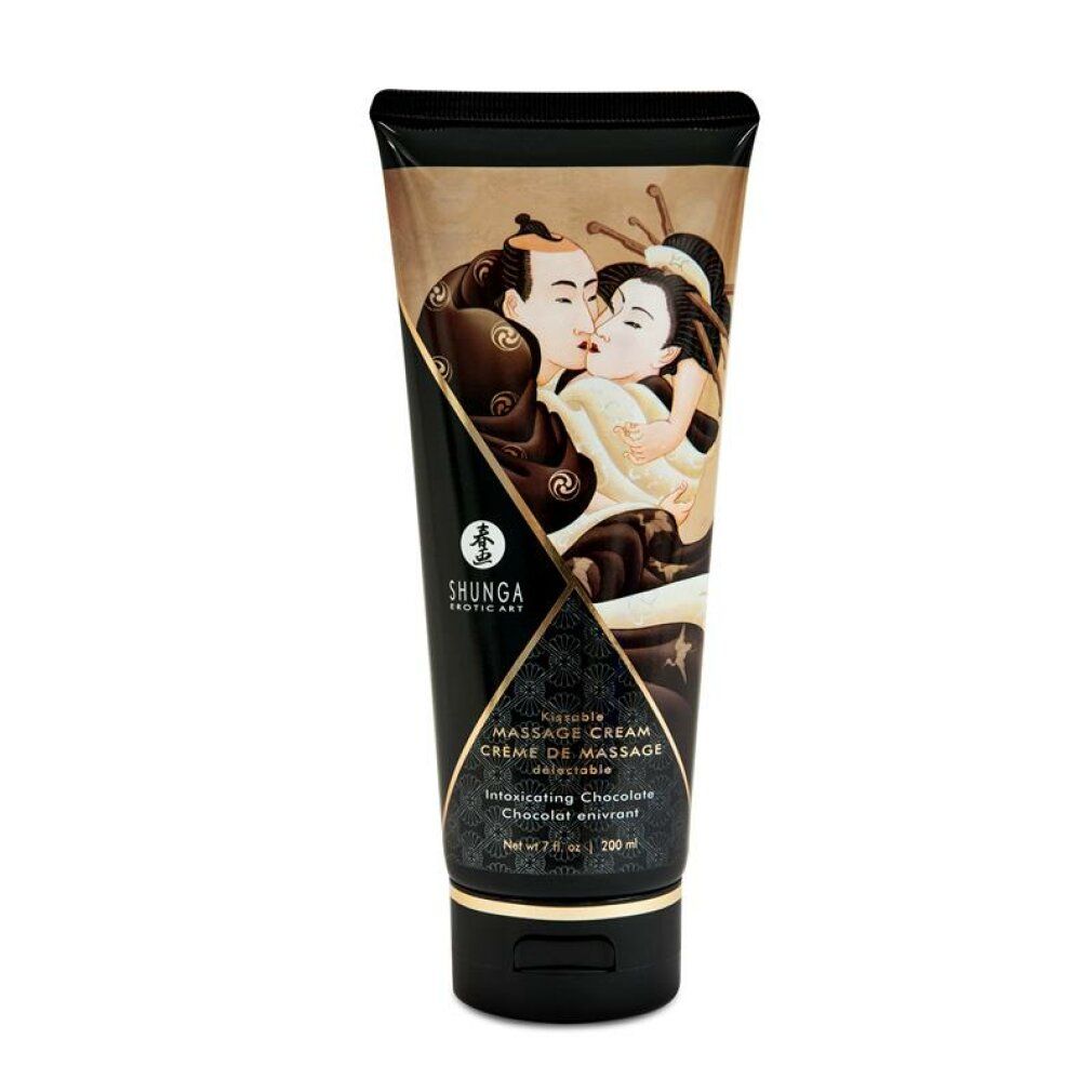 Crema da massaggio in tubo nero con motivo al cioccolato e coppia asiatica.