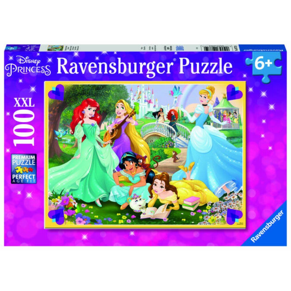 Scatola puzzle con principesse Disney. 100 pezzi XXL. Marchio Ravensburger. Adatto a bambini dai 6 anni in su. Con immagine del prodotto.