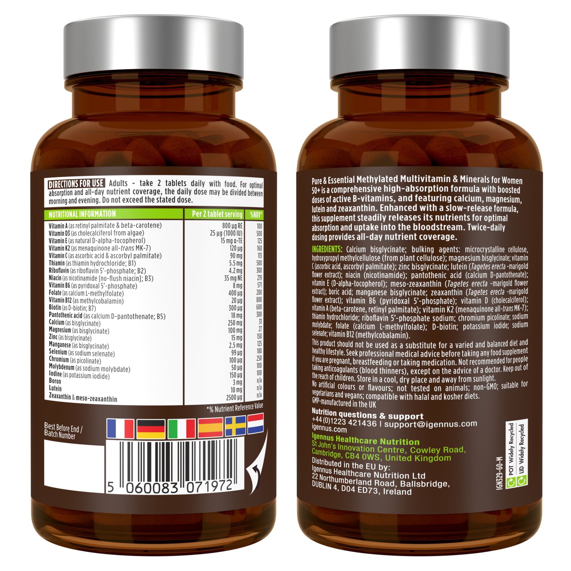 Due lati di un confezione di bottiglia. Contiene informazioni sugli ingredienti, l'uso e le informazioni nutrizionali. Etichettatura multilingue.