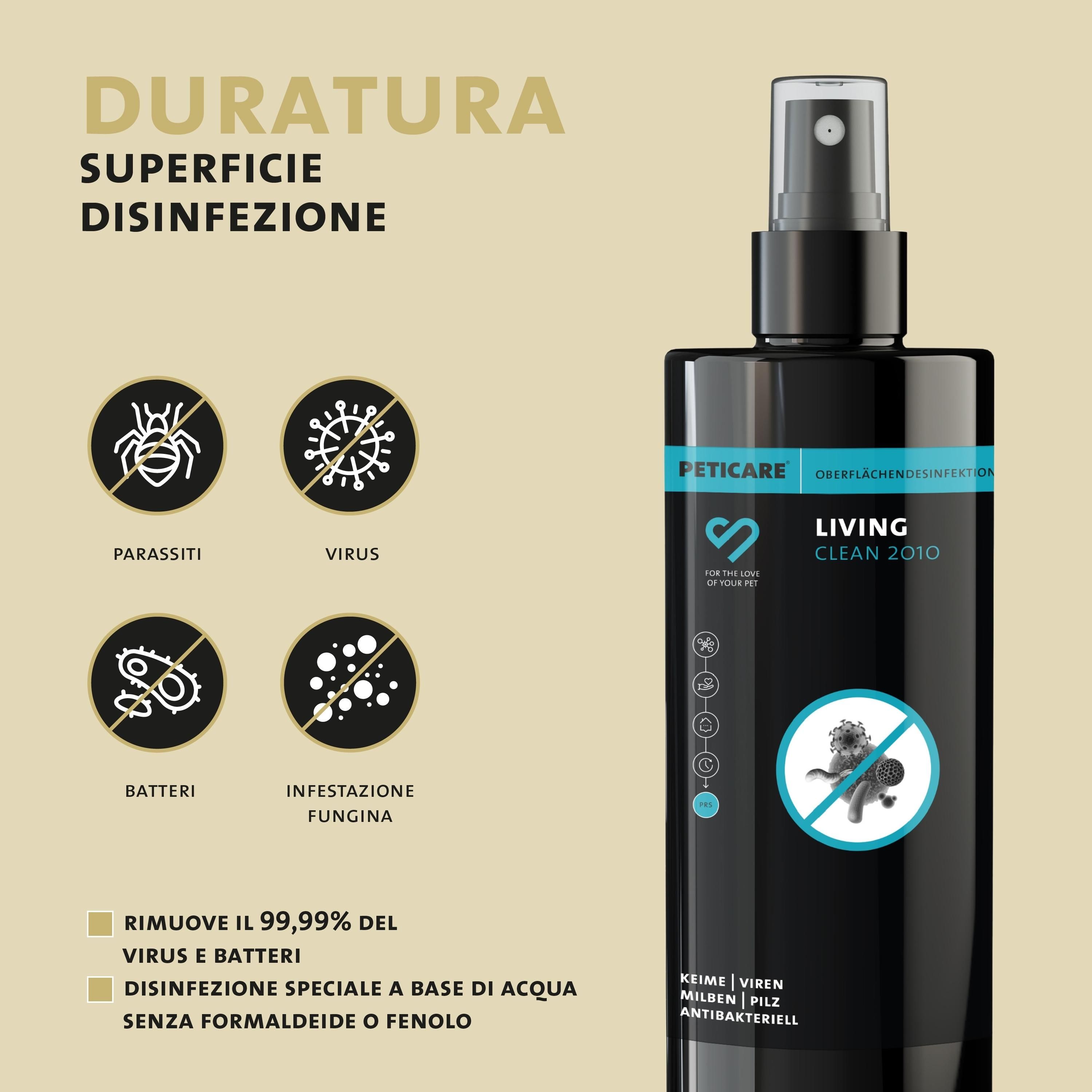 Spray Peticare: "Duratura Superficie Disinfezione". Rimuove 99,99% virus e batteri.