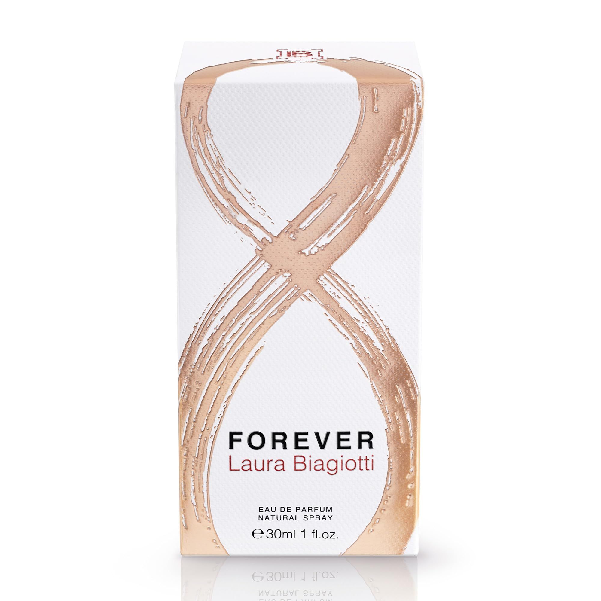 Scatola rettangolare bianca con design dorato. Scritta: FOREVER Laura Biagiotti, Eau de Parfum Natural Spray, 30ml 1 fl.oz.