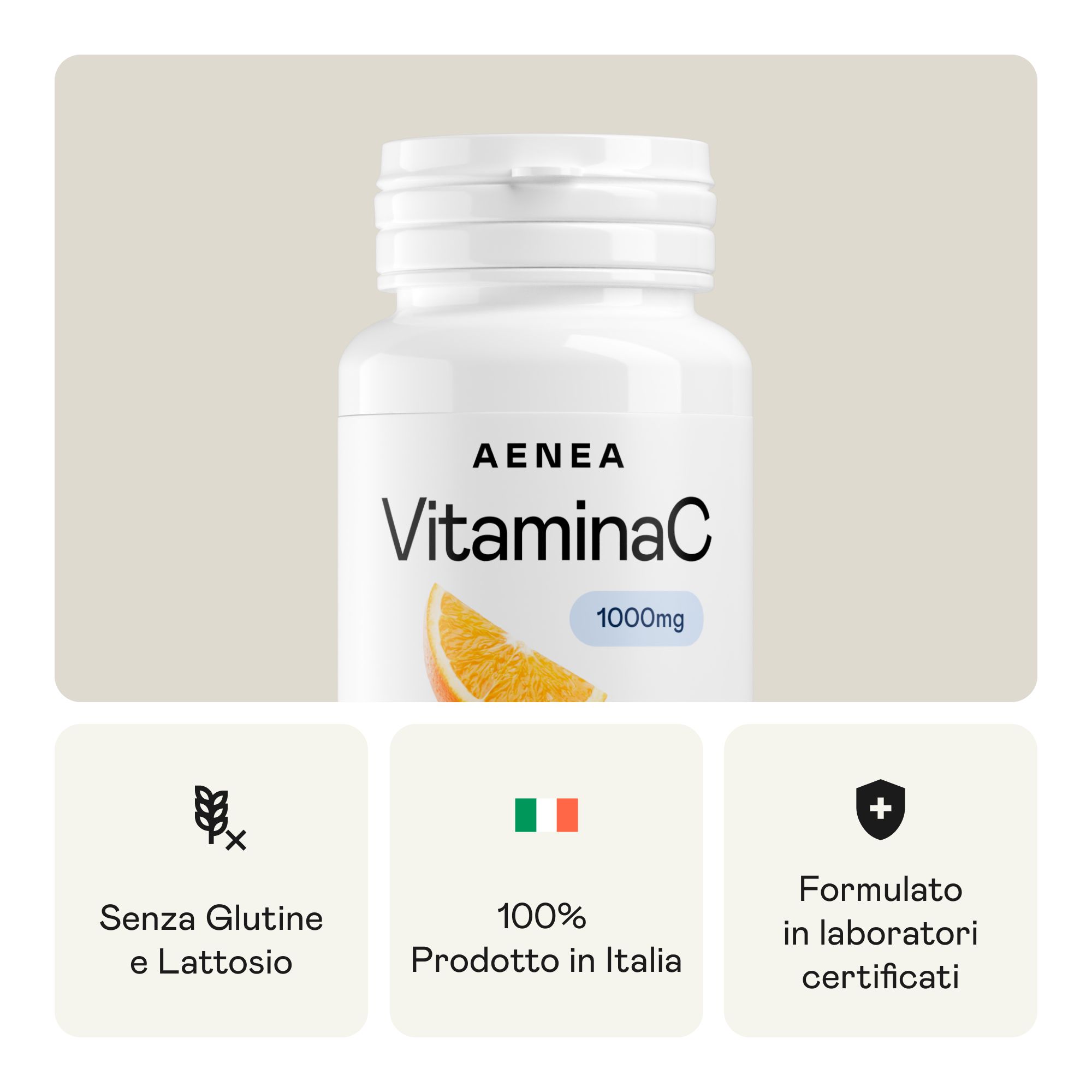 Flacone Aenea Vitamina C con 60 compresse. Senza glutine e lattosio. Prodotto in Italia. Laboratori certificati.
