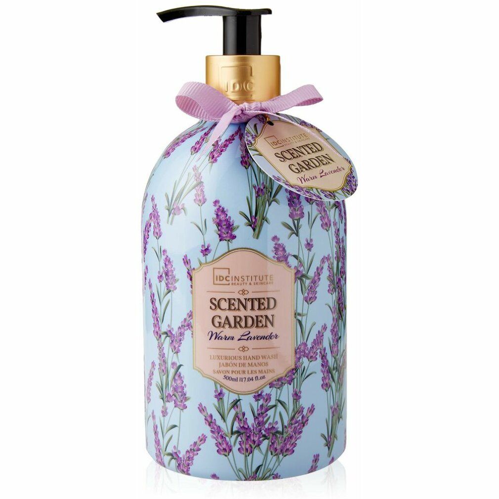 Flacone di sapone per le mani con motivo lavanda. Scritta: Scented Garden, Lilla Lavanda. Con dispenser e fiocco.