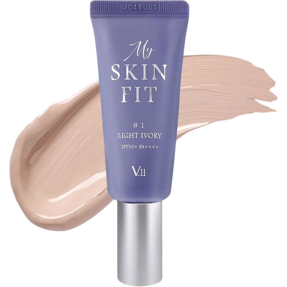 Tubo di BB Cream lilla, My Skin Fit #1 Light Ivory. SPF 50+ PA++++. Prodotto e campione di colore.