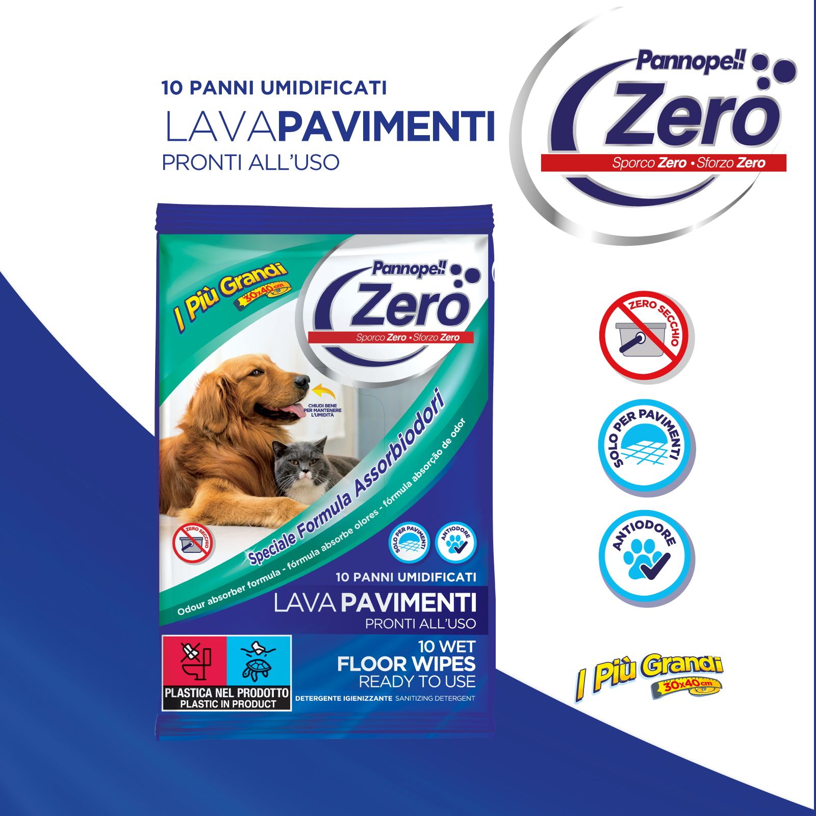 Confezione del prodotto con logo e nome. Immagine di cane e gatto. Simboli e testo aggiuntivi.