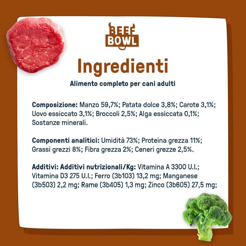 Lista ingredienti per Dog Heroes Beef Bowl. Contiene manzo, patata dolce, carote, uova, broccoli e alghe. Componenti analitici e additivi.