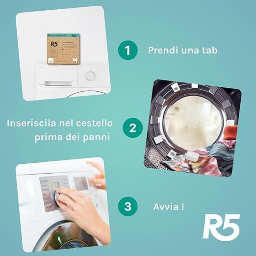Istruzioni per l'uso di R5 Tabs Lavatrice. Passaggi: prendere una tab, inserirla nel cestello, avviare.