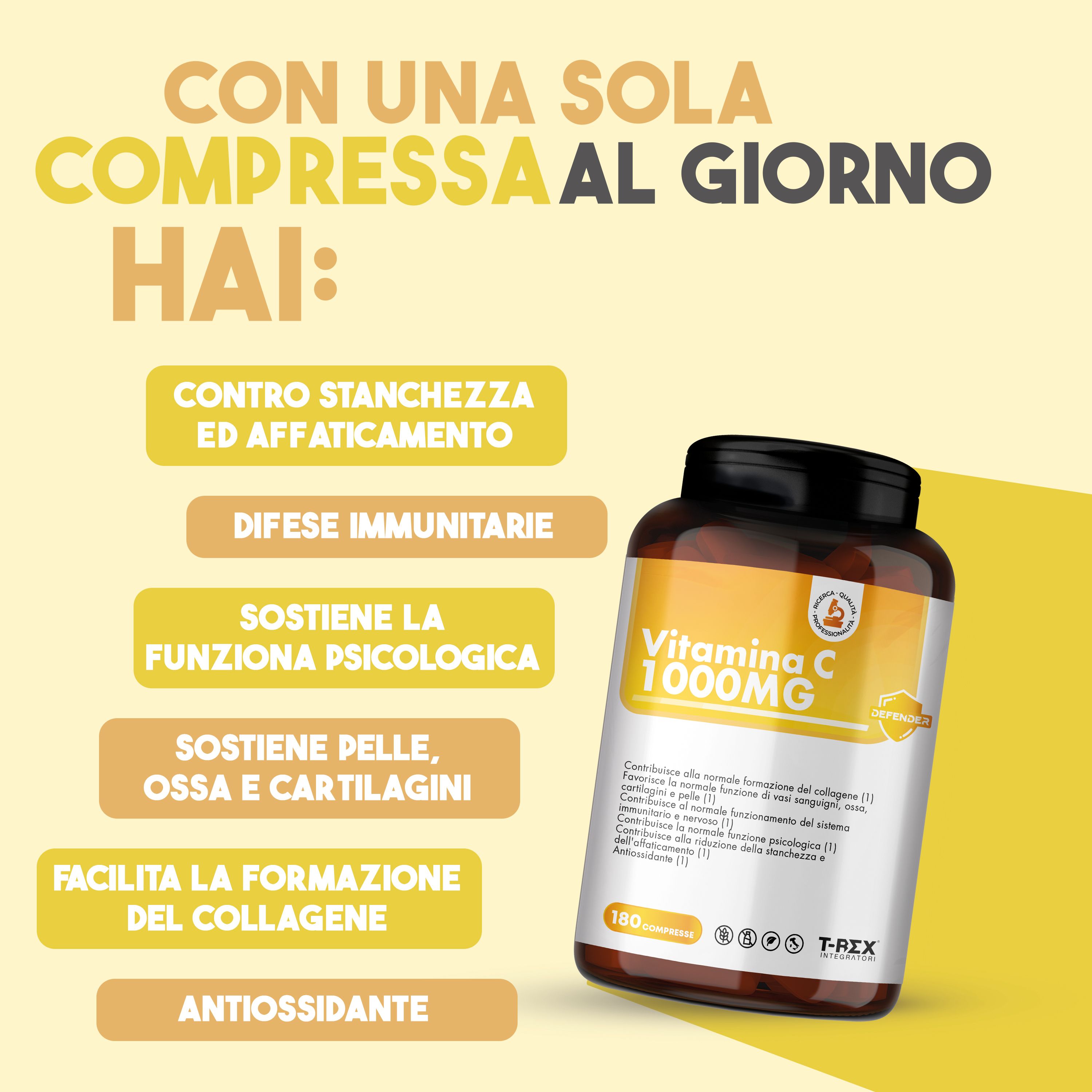 Pubblicità per Vitamina C 1000mg. Benefici: stanchezza, sistema immunitario, funzione psicologica, pelle, ossa, cartilagine, antiossidante.