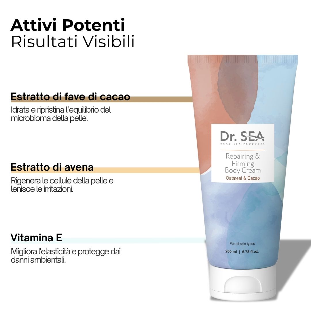 Tubo "Dr. SEA" con testo. Testo: Estratto di fave di cacao, estratto di avena, vitamina E. 200 ml.