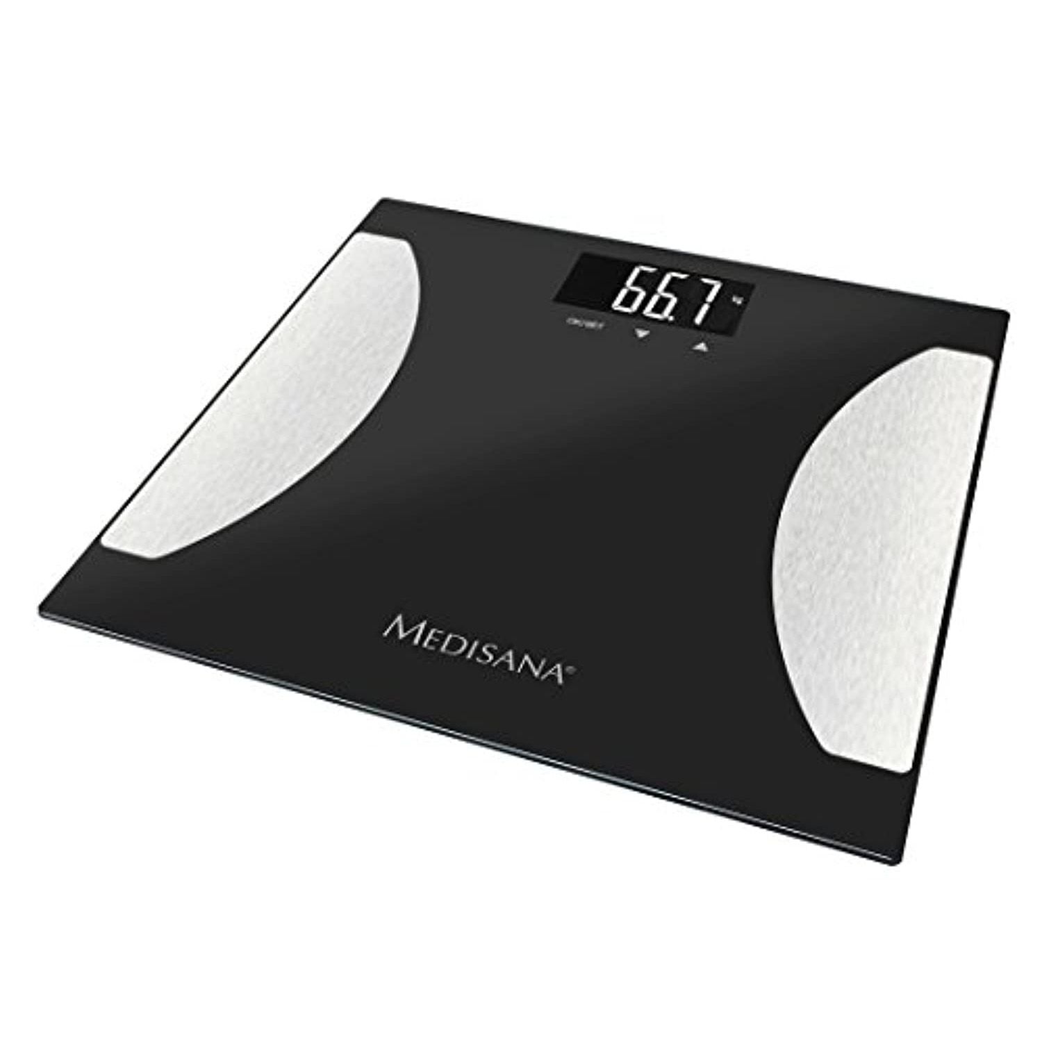 Bilancia per analisi corporea nera con display 66.7. Marca: Medisana. Vista obliqua.