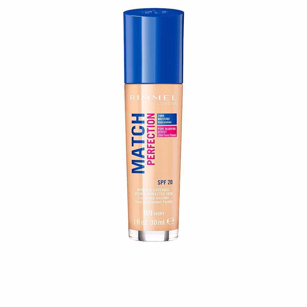 Flacone di fondotinta con tappo blu. Scritta: Rimmel London, Match Perfection, SPF 20, 100 Ivory. 30 ml.