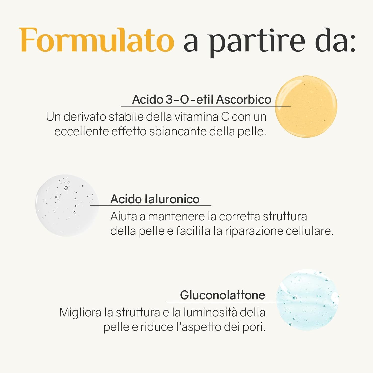 Ingredienti: Acido 3-O-etil Ascorbico, Acido ialuronico, Gluconolattone. Immagini degli ingredienti a forma di gocce.
