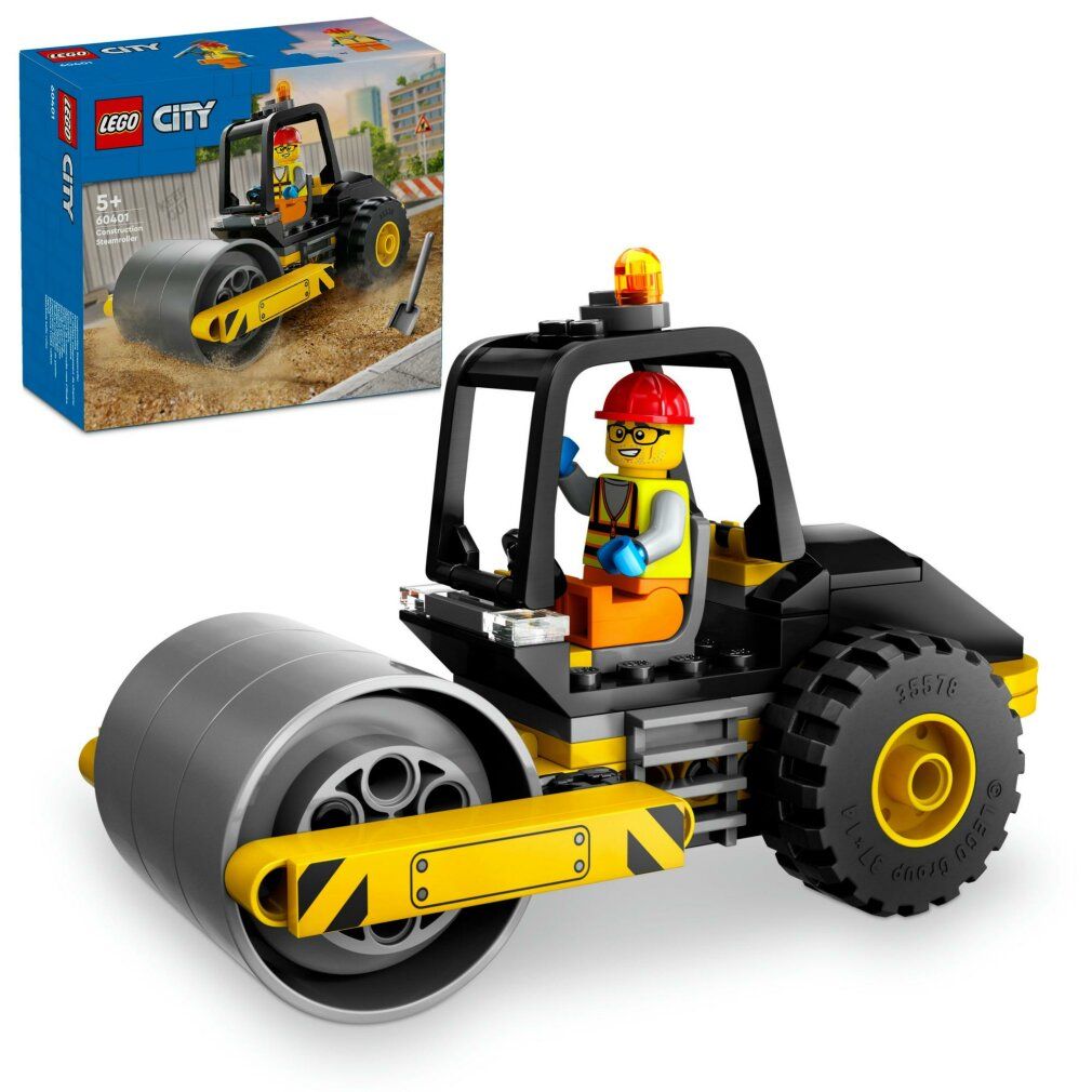 LEGO City 60401. Rullo compressore con personaggio. Nero e giallo. La confezione mostra il set. Per bambini dai 5 anni.