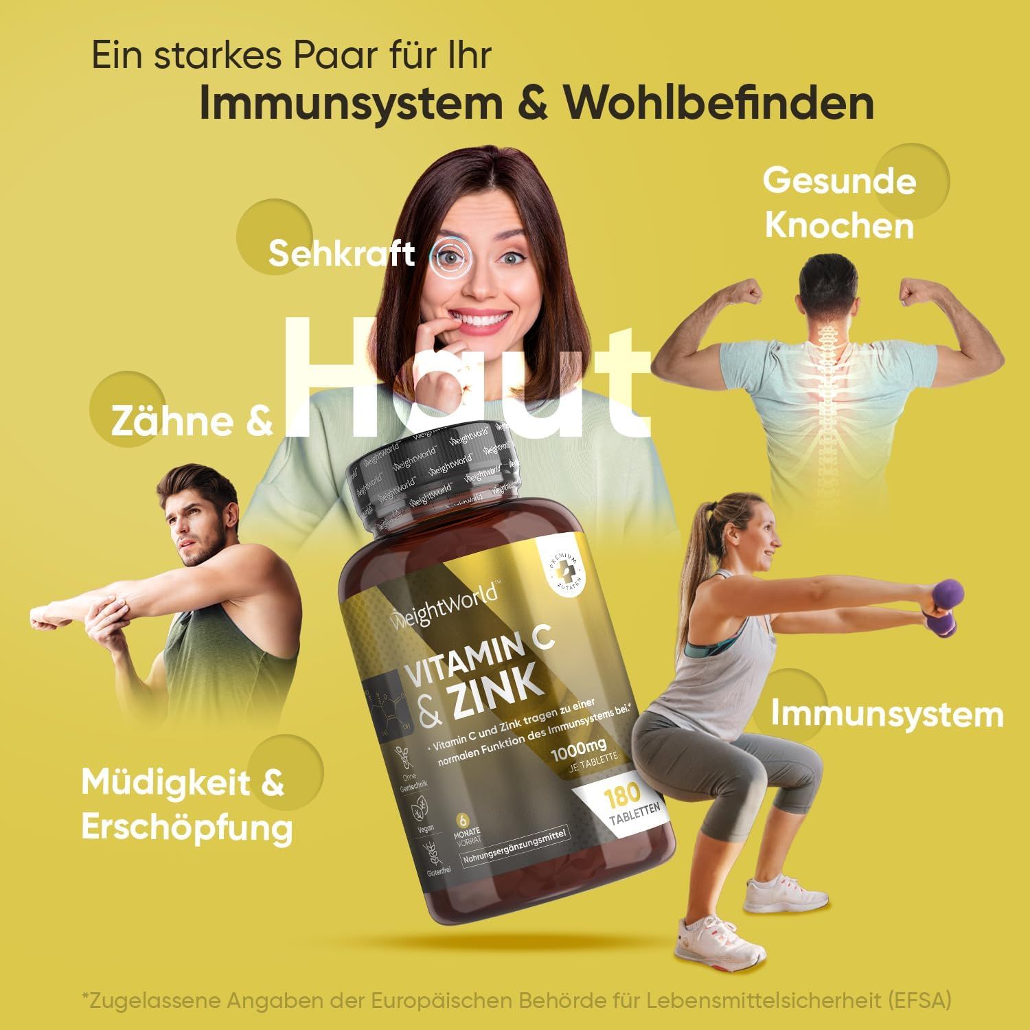 Immagine pubblicitaria con flacone di Vitamina C & Zinco. Persone legate alla salute e al benessere. Testo: sistema immunitario, pelle, denti, ossa.