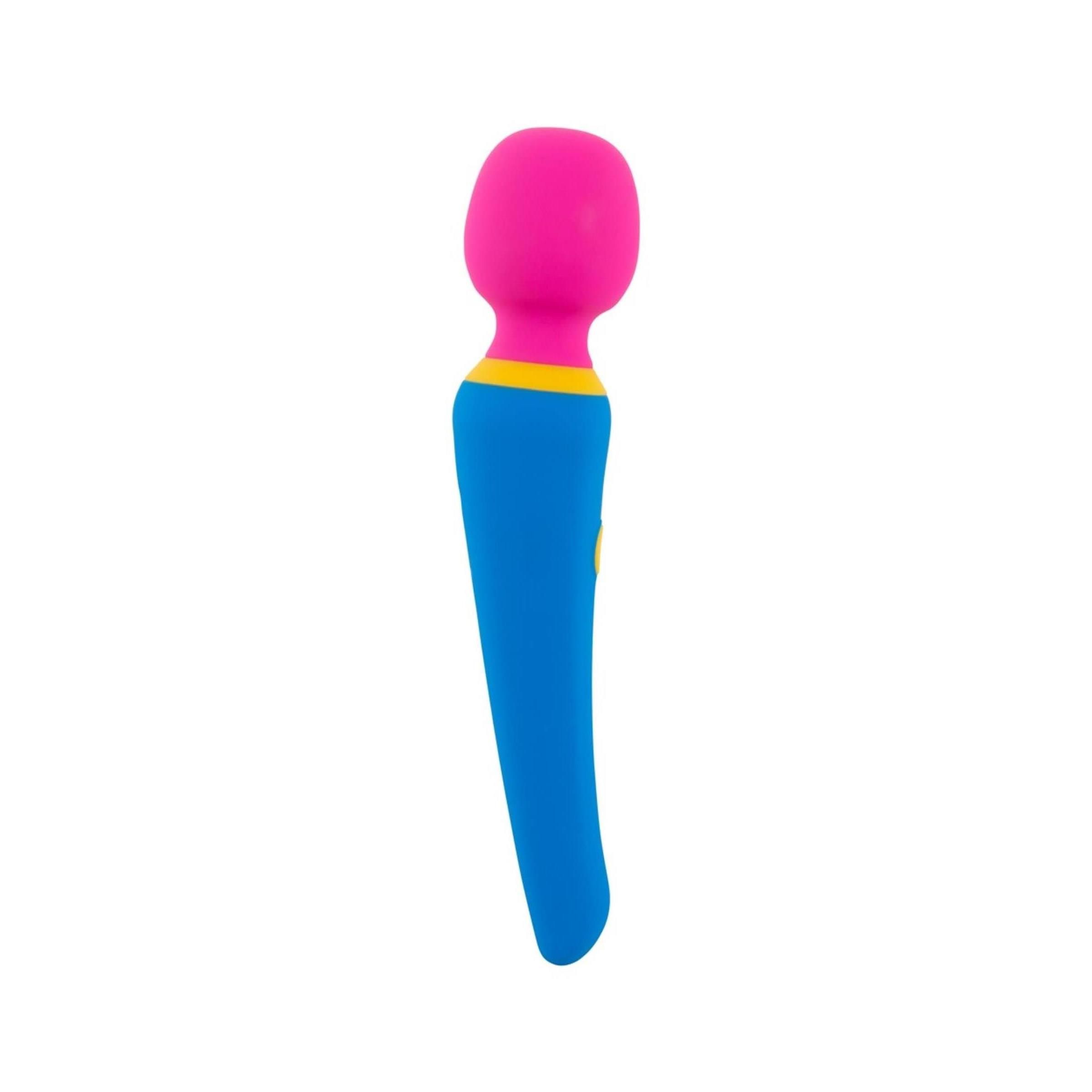 Vibratore blu, giallo e rosa. Impugnatura cilindrica, testa rotonda. Bottone giallo. In silicone.