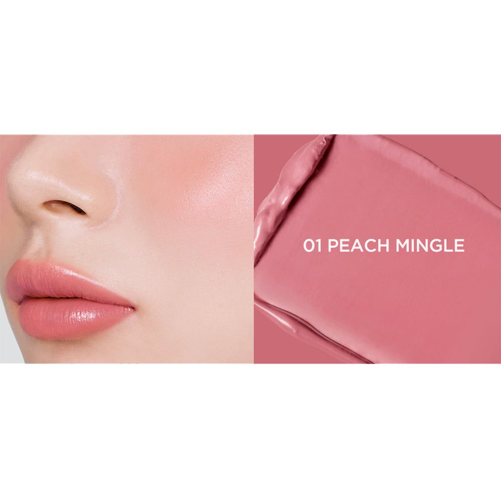 TIRTIR Mood Glider Lip & Blush Stick, tonalità 01 Peach Mingle, su labbra e guance.