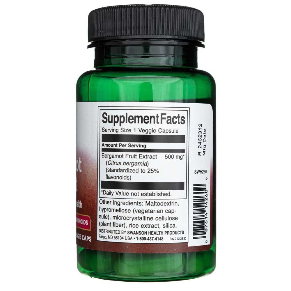 Flacone verde con etichetta Supplement Facts: Estratto di frutto di bergamotto 500 mg per capsula vegetale.