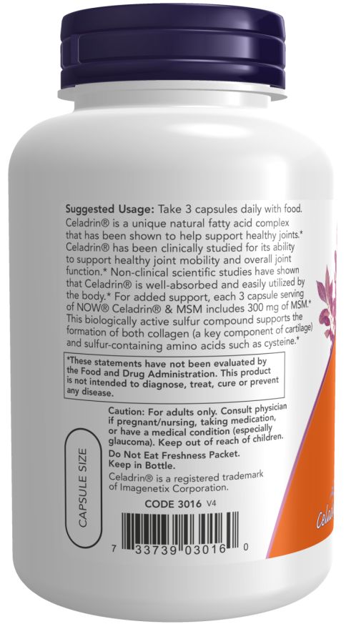 Retro del flacone. Etichetta con istruzioni per l'uso: 3 capsule al giorno. Contiene Celadrin & MSM. Avvertenza.
