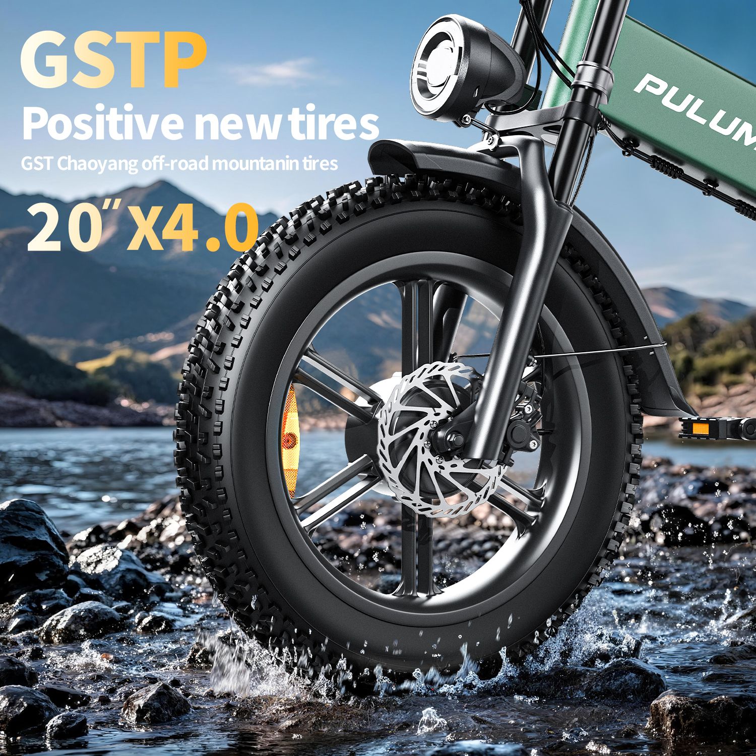 Ruota anteriore di una bici elettrica con testo: "GSTP Positive new tires 20" X4.0".