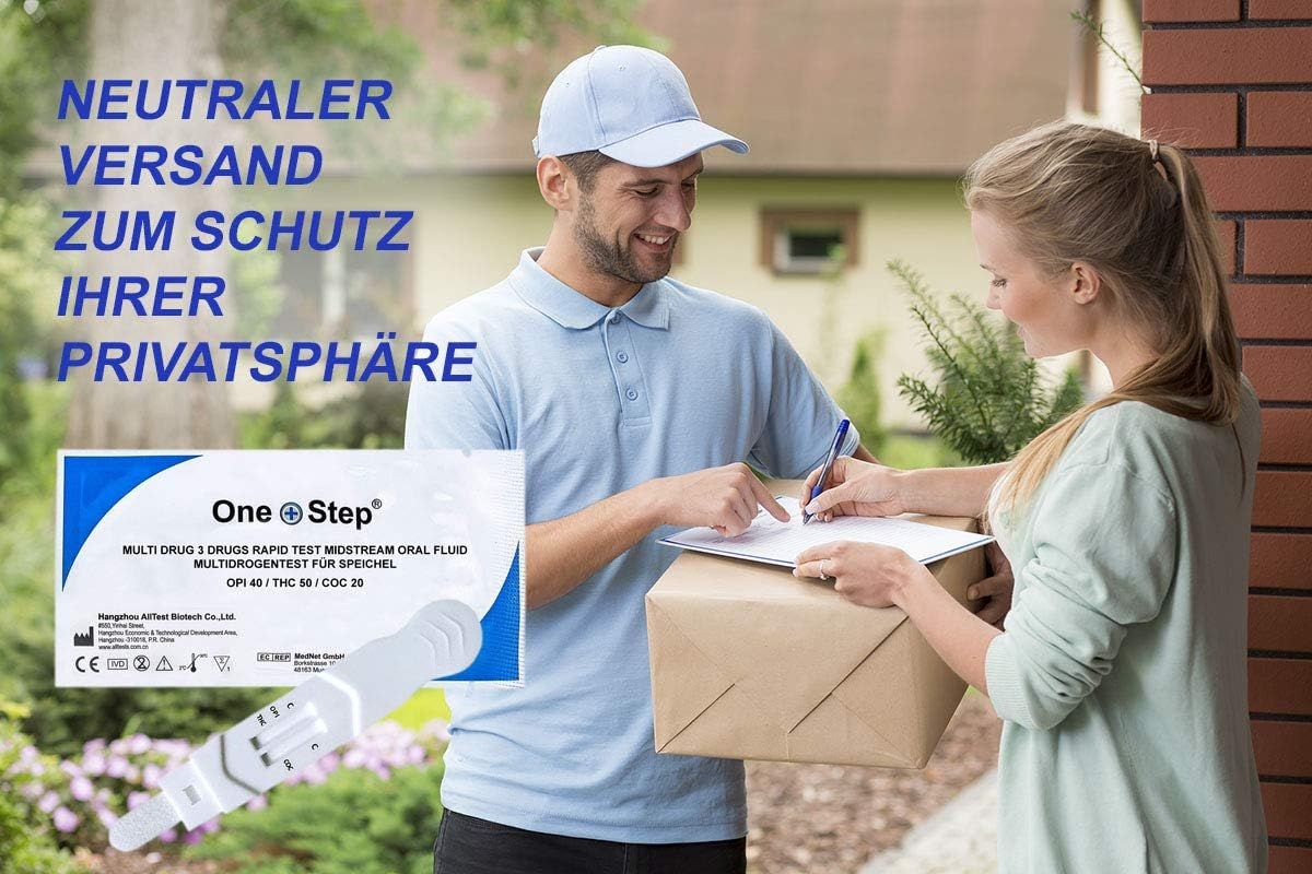 Consegna del pacco. Confezione con nome del prodotto e test antidroga. Testo: Spedizione neutra per proteggere la tua privacy.
