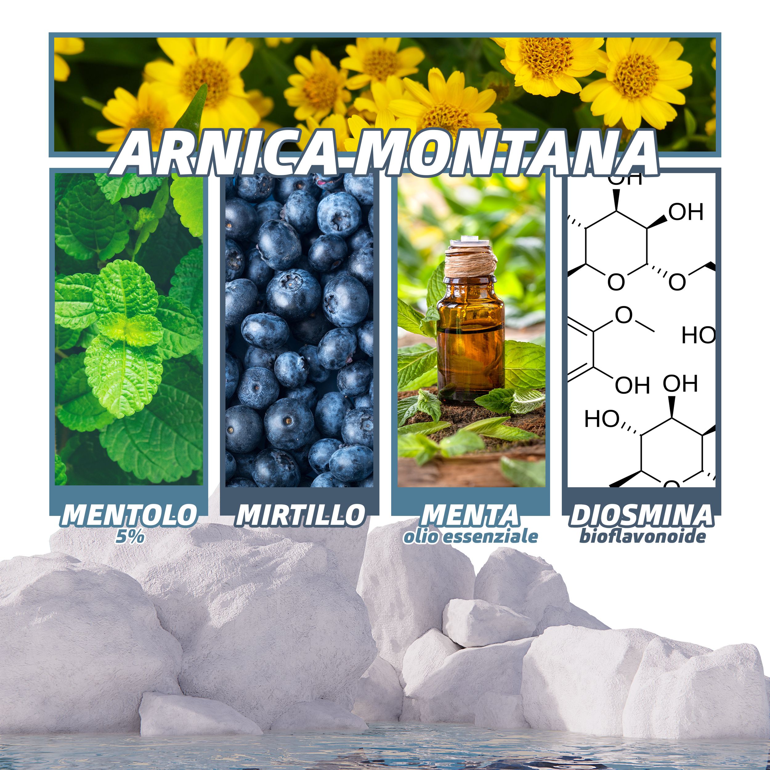 In alto: fiori di Arnica Montana. Sotto: foglie, mirtilli, bottiglia, molecola. Testo: Mentolo 5%, Mirtillo, Menta olio essenziale, Diosmina bioflavonoide.