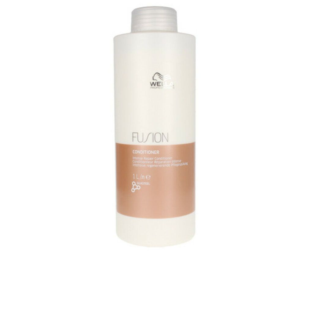 Flacone bianco con sezione centrale marrone. Scritta: Fusion Conditioner, 1 litro. Tappo bianco.