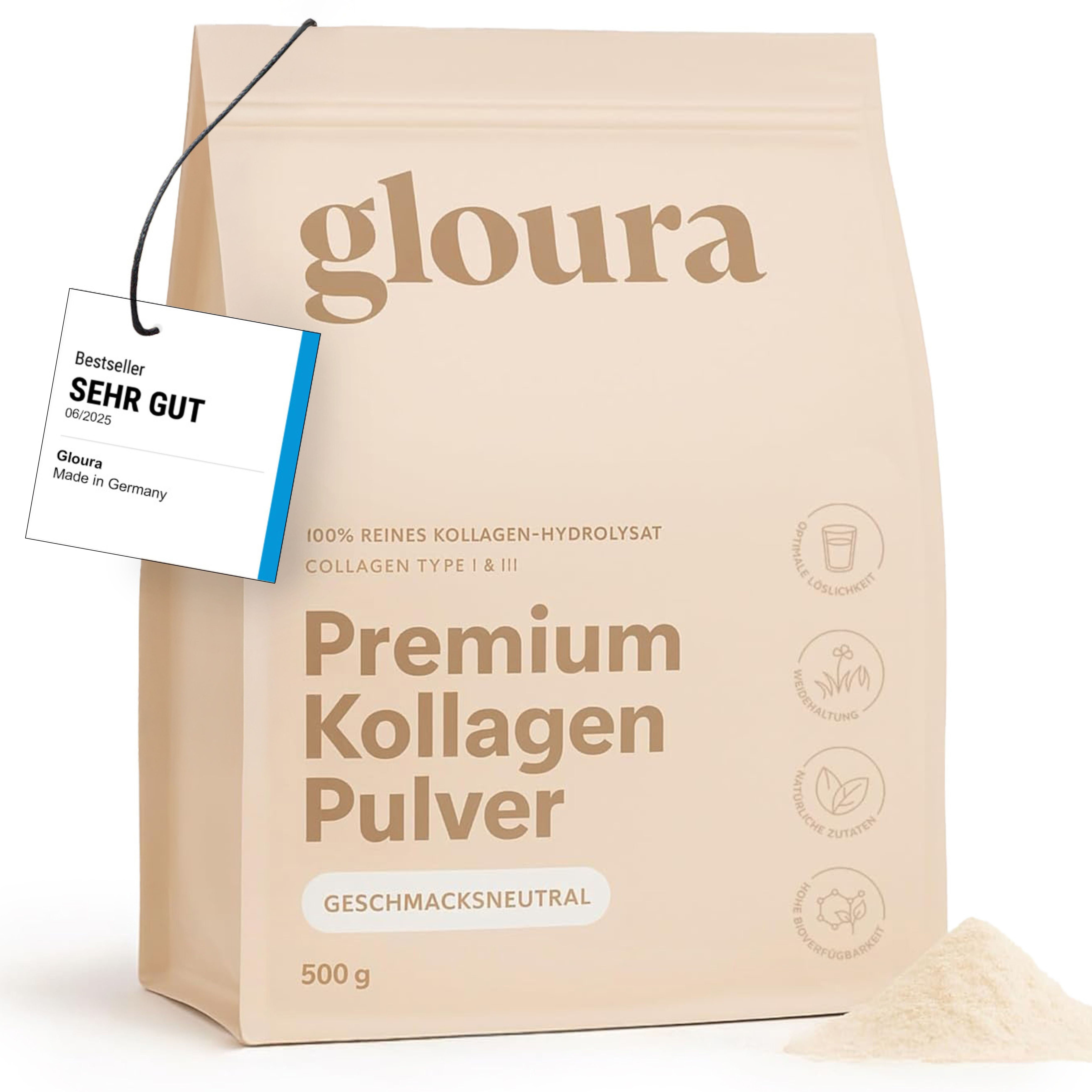 Confezione di Gloura® Kollagen Pulver. Stampa: Premium Kollagen Pulver, Neutro, 500 g. Con sigillo 'MOLTO BENE'.